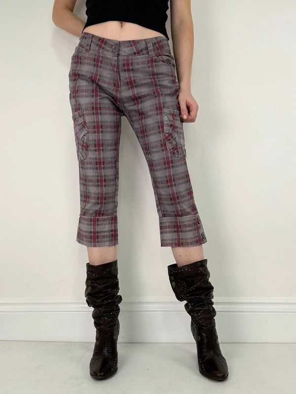 tartan checked red cargo denim capri pants