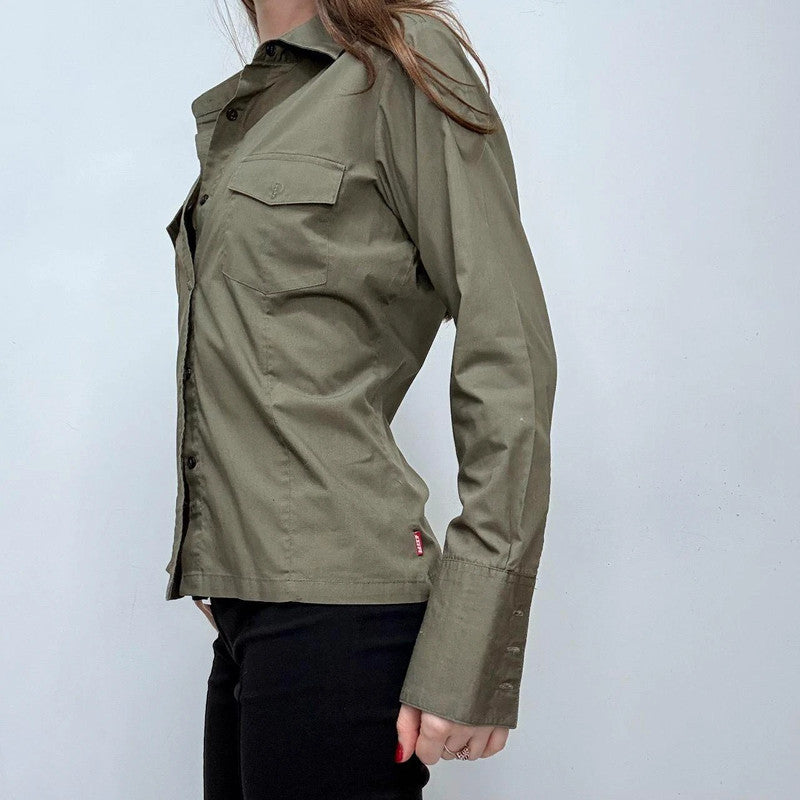 khaki fitted flared military style shirt