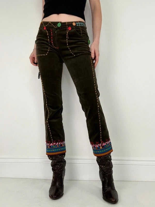khaki corduroy embroidered hippy capri trousers