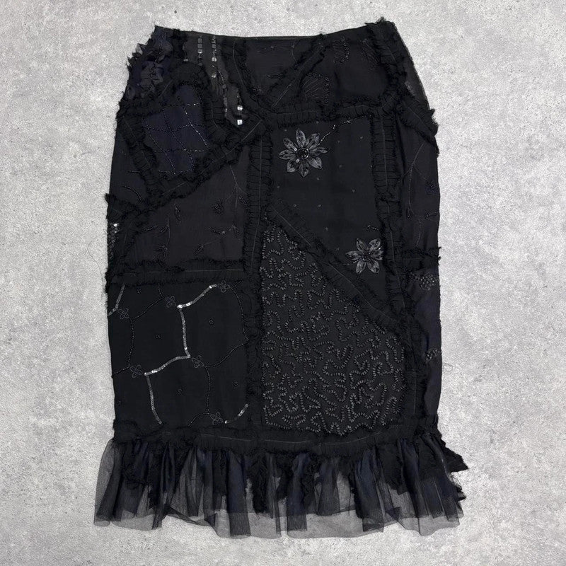 black sheer embroidered lace midi skirt
