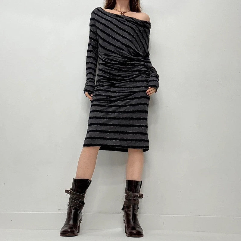 slouchy striped off the shoulder midi dress