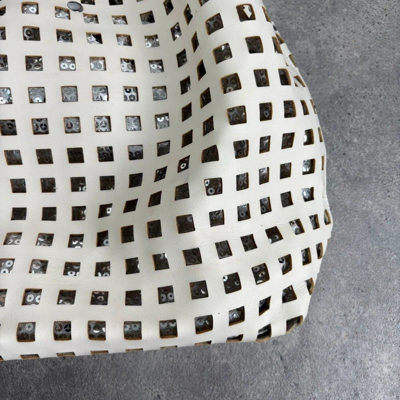 Studded faux-leather woven glitter hobo bag