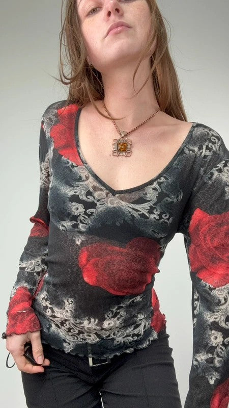 distressed floral rose print long sleeve mesh t-shirt
