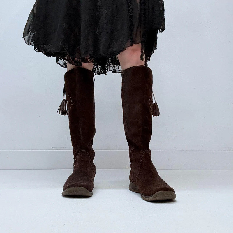 brown suede stitch hippy boots