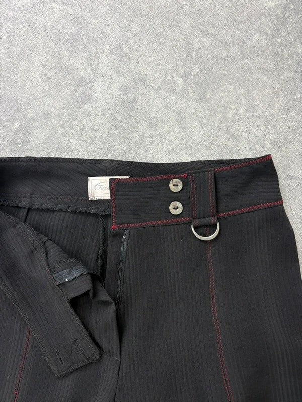 black pinstripe flared gothic d-ring utility trousers