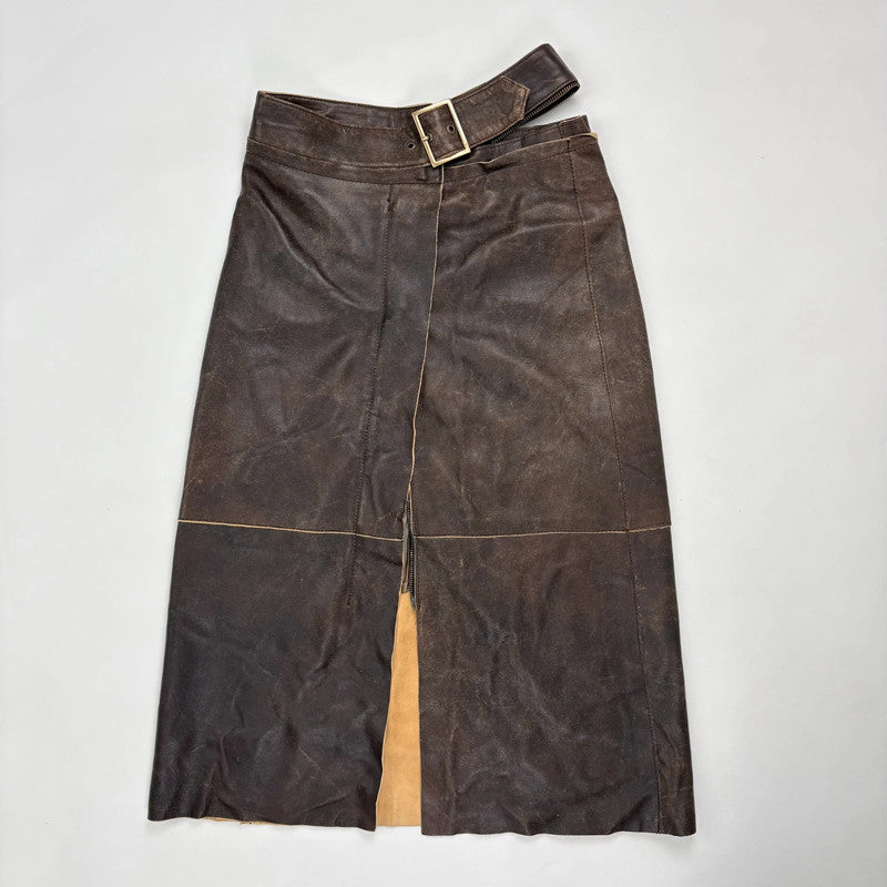chocolate brown leather a-line midi skirt