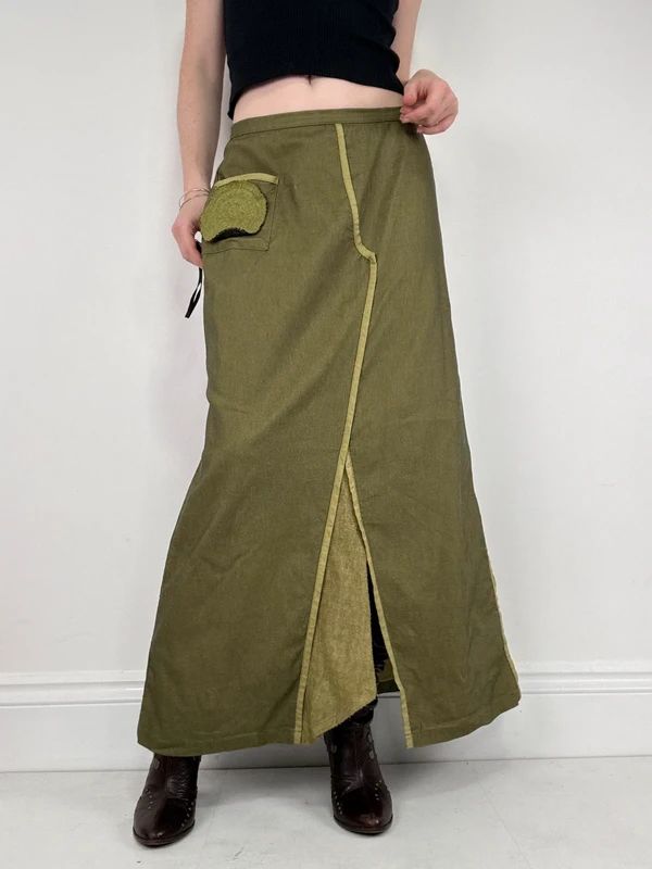 asymmetric khaki maxi skirt