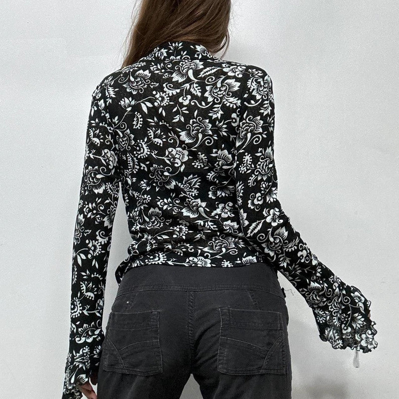 black floral sheer mesh lace shirt