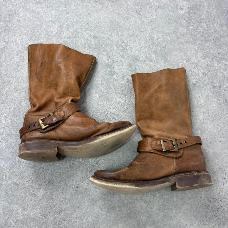 Tan leather buckle biker boots