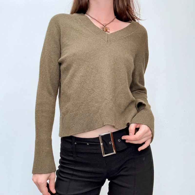 khaki slouchy wool knitted v-neck jumper