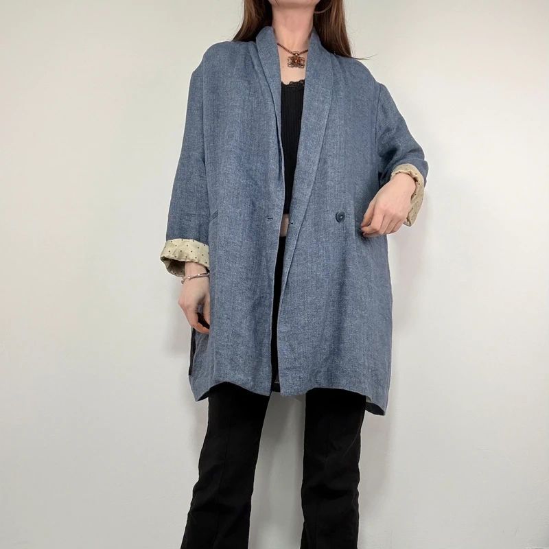 blue linen slouchy oversized long blazer