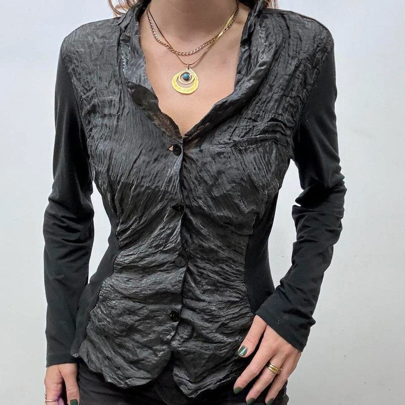 crinkle textured flared cardigan shirt