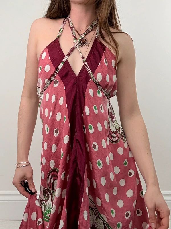 pink polkadot handkerchief maxi dress