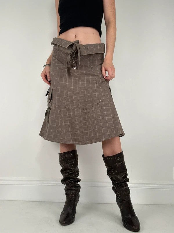 brown tartan low rise flared midi skirt