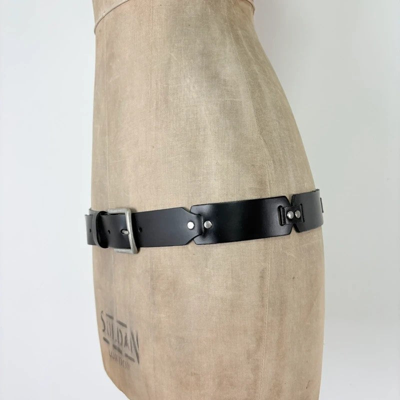 Black leather silver link belt