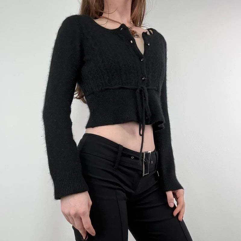 black cropped preppy angora wool cardigan