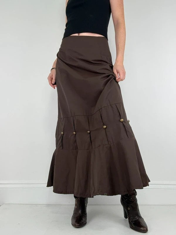 brown flared studded pleated maxi skirt