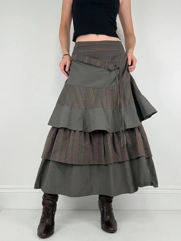Khaki layered pinstripe maxi skirt