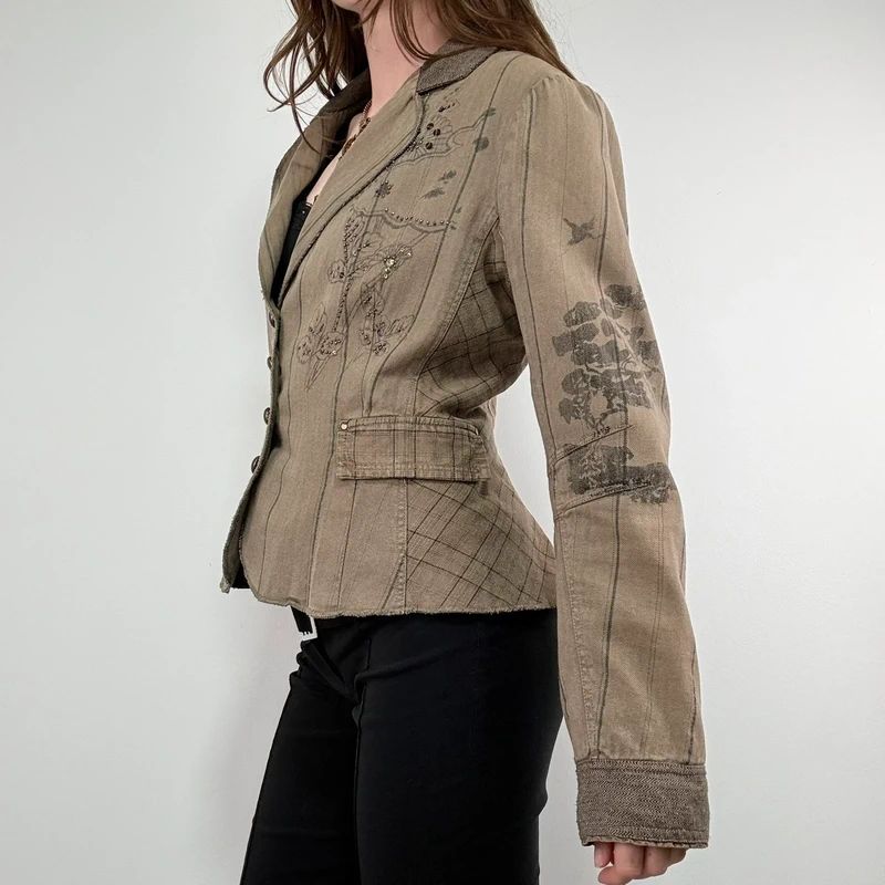 khaki tweed pinstripe fitted grunge fairy Derhy blazer