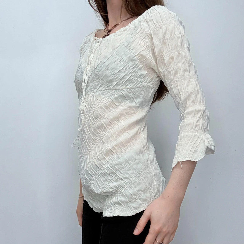cream flared wide neck crinkle shirt