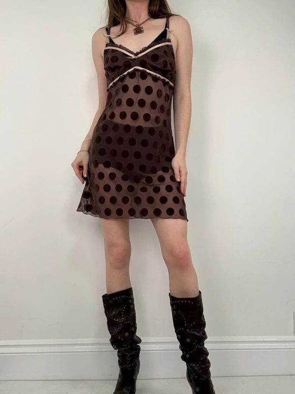 brown polkadot sheer mini slip dress