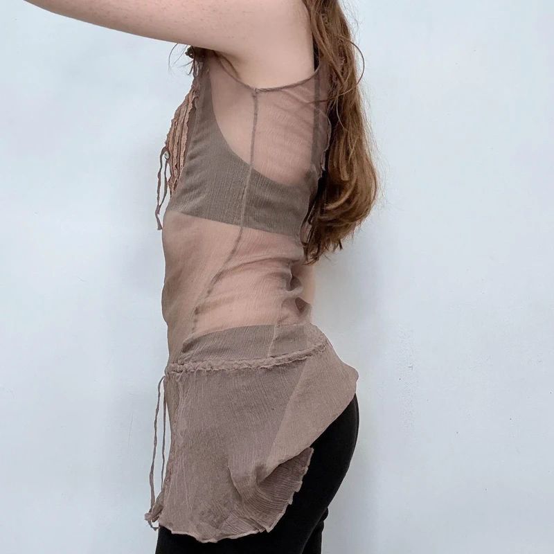 sheer brown crinkle flared miss sixty flutter vest