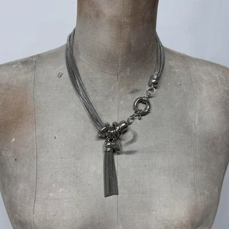 layered chunky silver chain tassle necklace