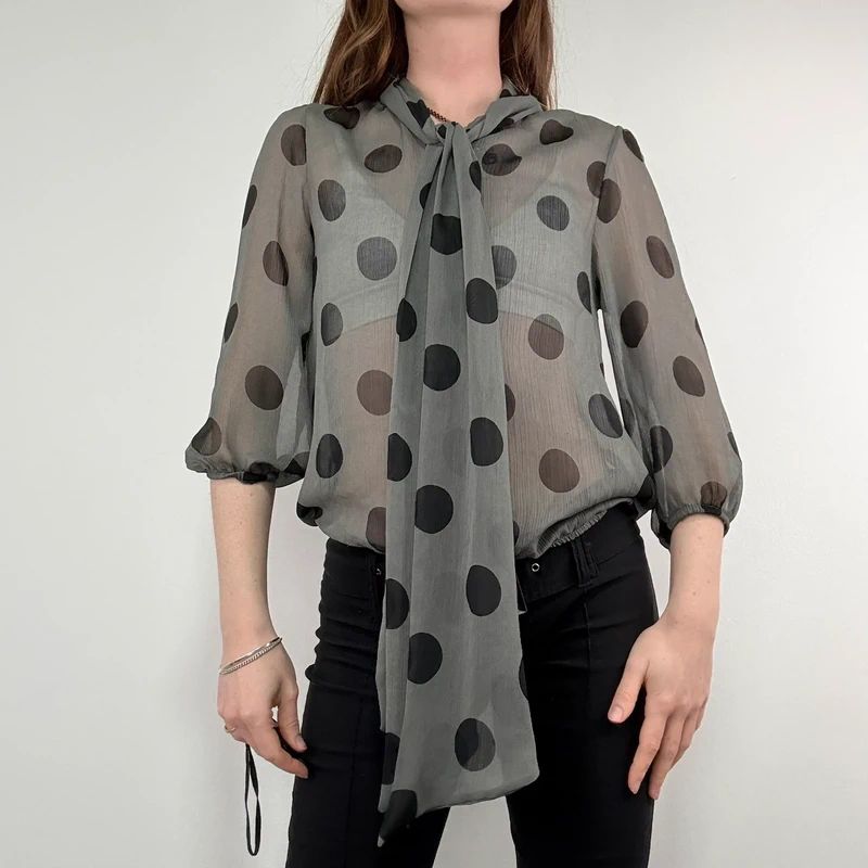 grey polkadot bow blouse