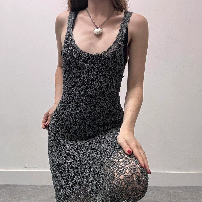 sheer layered crochet midi dress