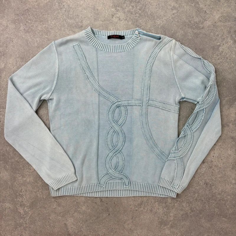 pale blue epaulette pleated embroidered jumper