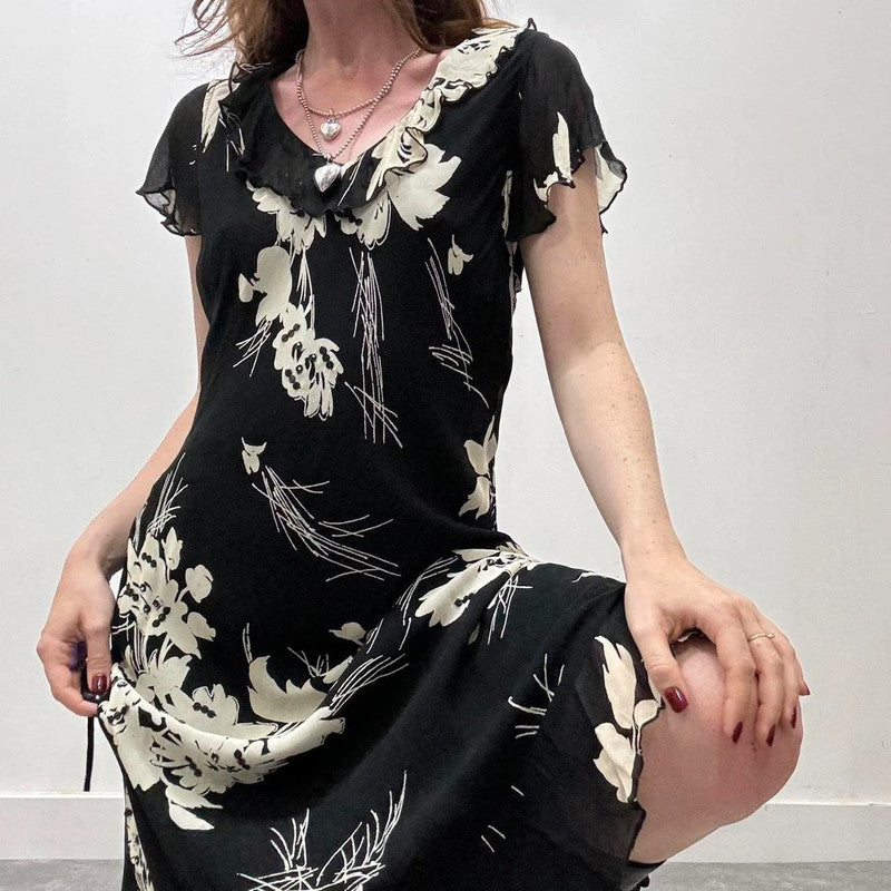 black floral bias cut 90s dress
