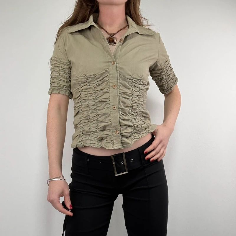 gathered khaki pleated shirt