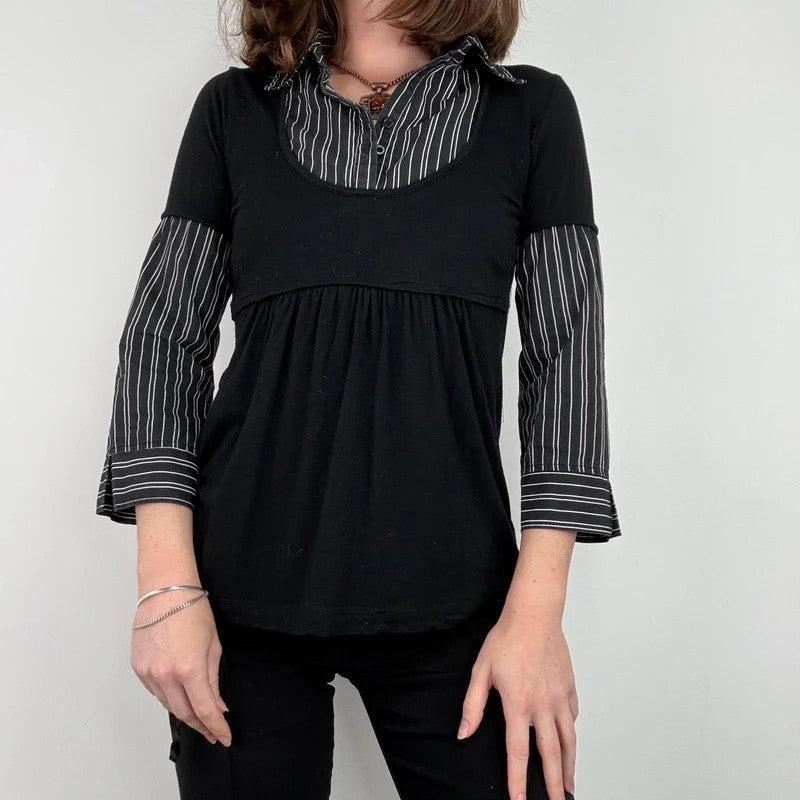 black pinstripe layered flared shirt