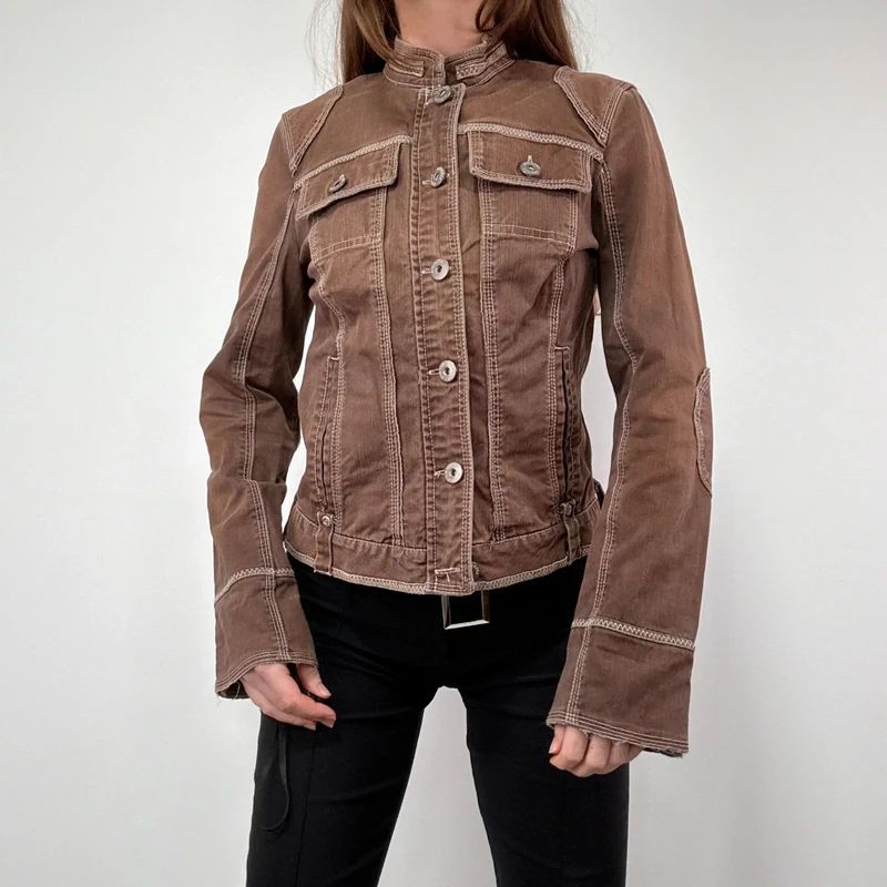distressed brown cargo denim jacket