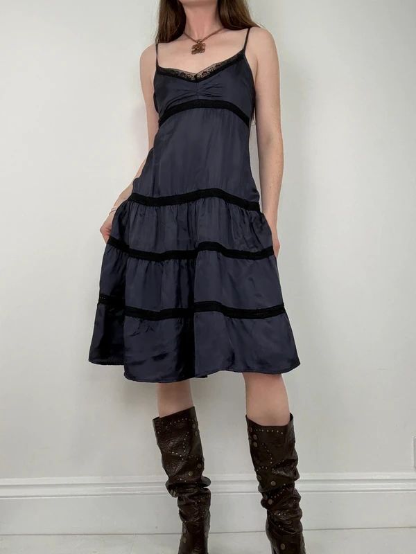navy and lack lace flared tiered midi dress