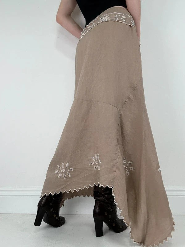 Beige linen boho western asymmetrical flared maxi skirt