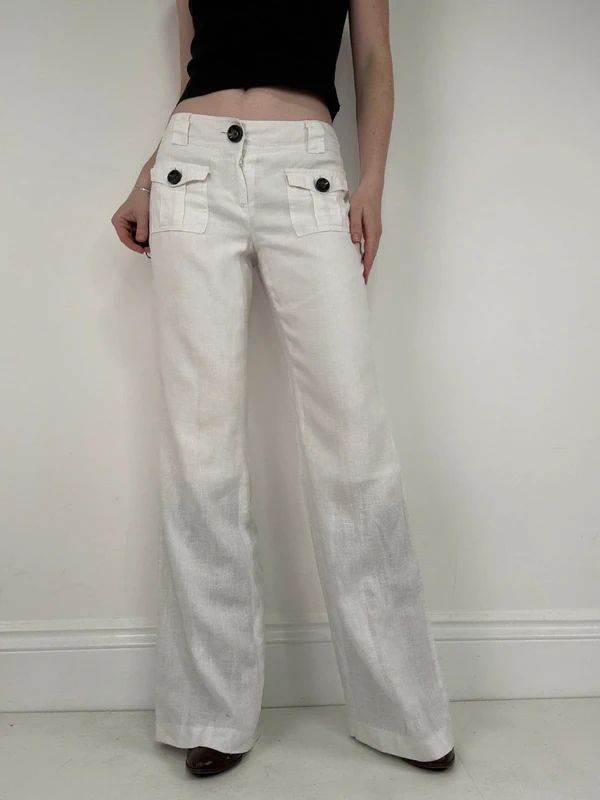 Cargo linen summer flare white trousers