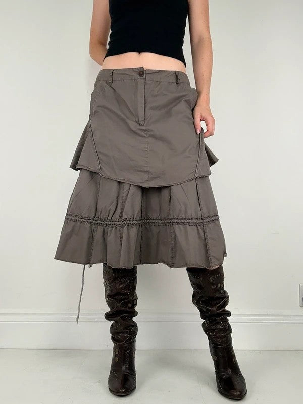 Khaki layered ruffle midi pleated skirt