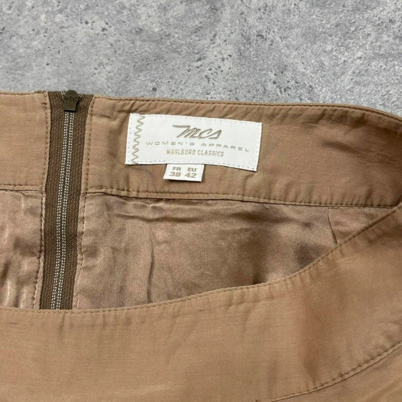 tan silk pleated flared midi skirt