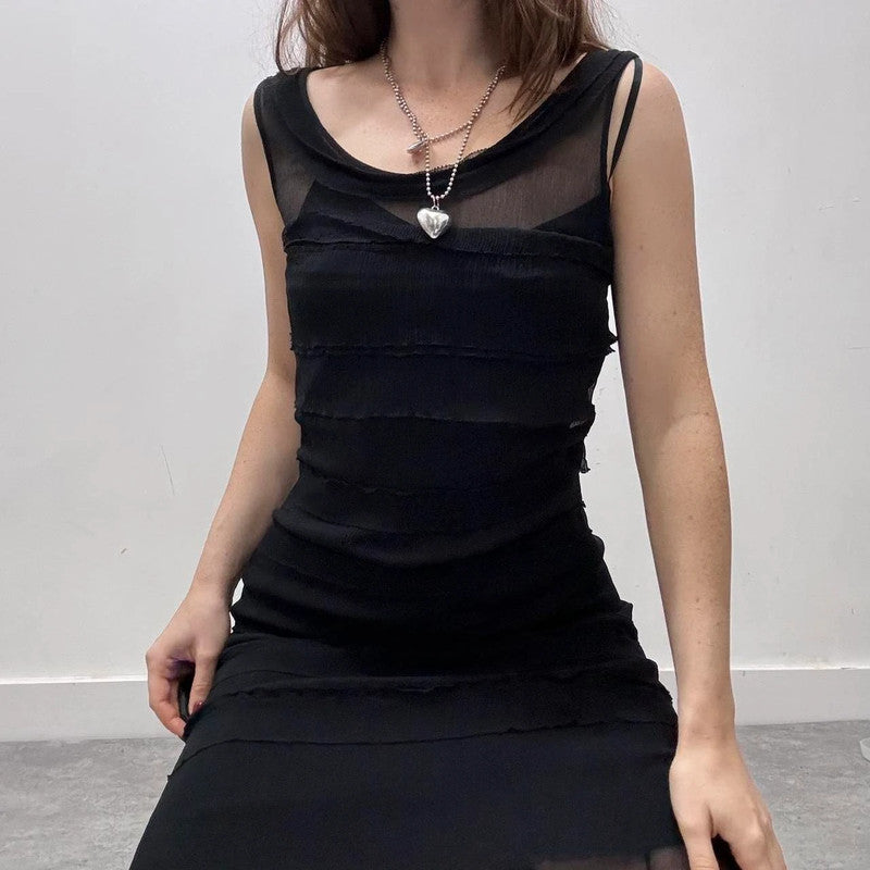 sheer ruffle black silk dress