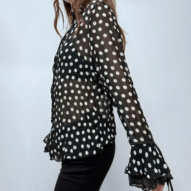 sheer polkadot lace ruffle shirt