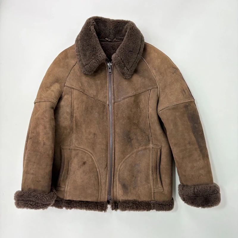 brown shearling aviator vintage jacket with zipper