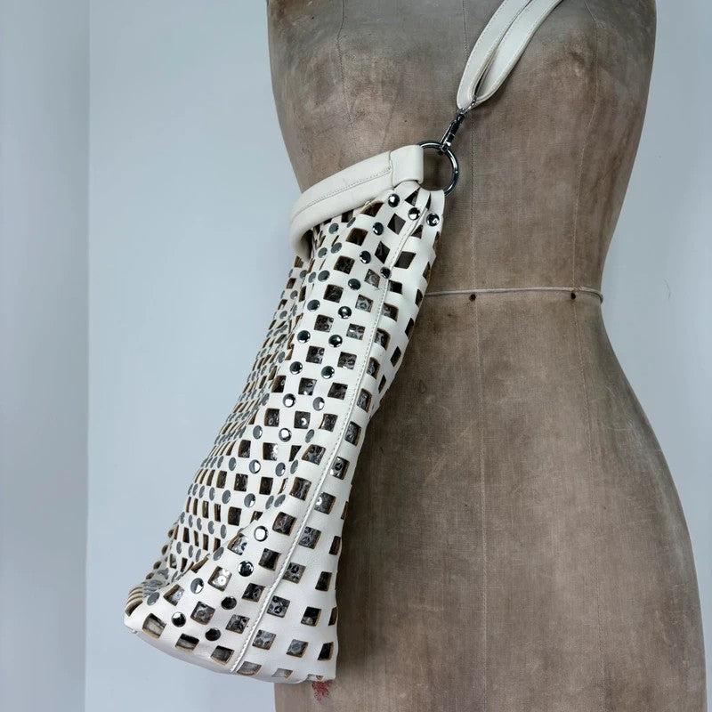 Studded faux-leather woven glitter hobo bag