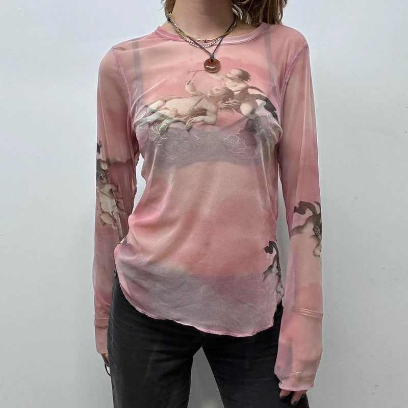 sheer pink graphic print angel t-shirt