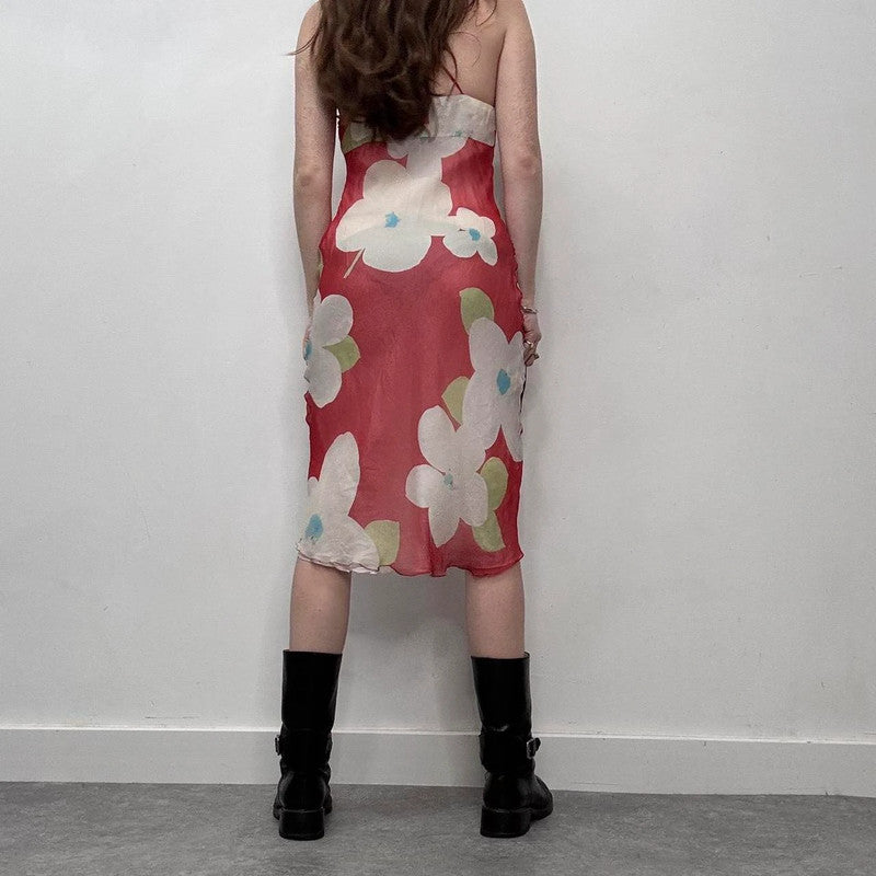ruffle silk floral red dress
