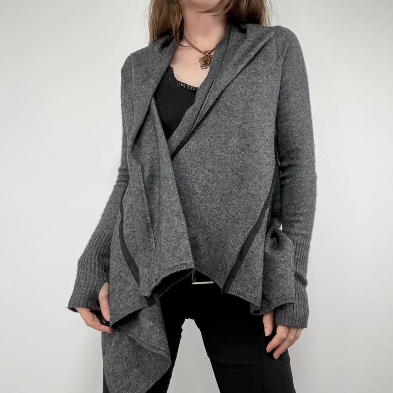 Asymmetric grey wool zip cardigan