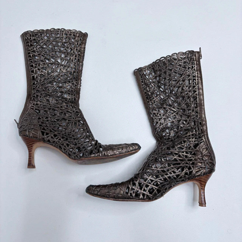 woven sheer lace leather heel boots