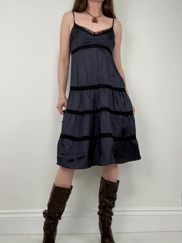 navy and lack lace flared tiered midi dress