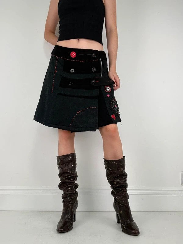 Flared black wool abstract button midi skirt