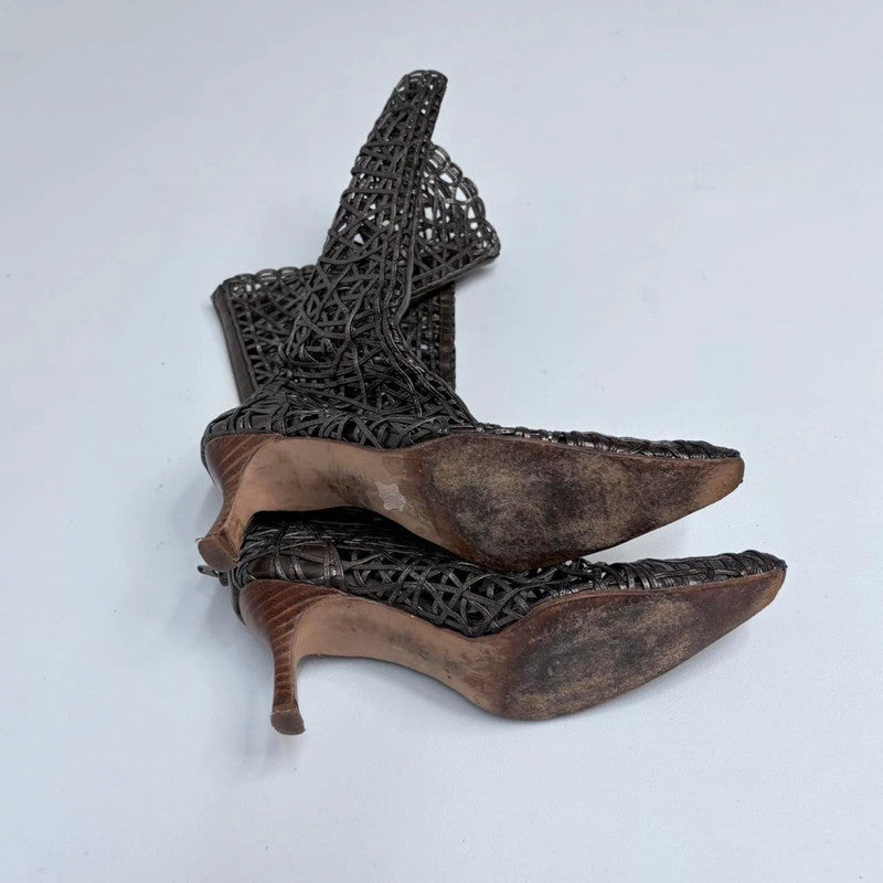 woven sheer lace leather heel boots